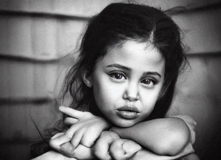 Image similar to professional fine detailed photo portrait of young angelina jolie from makhachkala, dagestan. kid angelina jolie in the postsoviet suburbia, iphone photo, instagram, black and white - - cfg _ scale 7