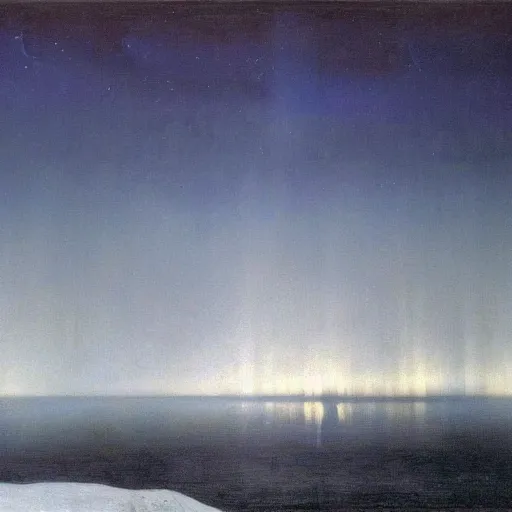 Image similar to the epic abstract painting'blue arctic void with black and red aurora borealis above a tiny inuit village ', by caspar david friedrich!!!, by rothko!!!, stunning masterpiece, trending on artstation