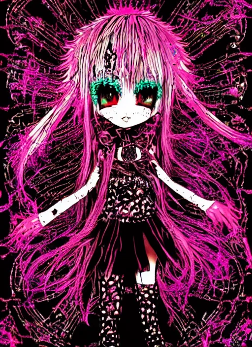 Image similar to spiked bloodmoon sigil stars draincore, goregrind album cover, baroque bedazzled gothic royalty frames surrounding a hellfire hexed witchcore aesthetic, dark vhs broken hearts, neon glyphs spiked pixelsort fairy kei decora doll by guro manga artist Shintaro Kago