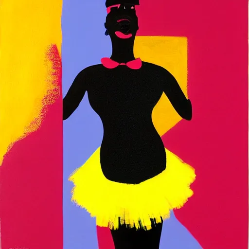 Image similar to african american woman wearing a yellow tutu, portrait artwork by david hockney airbrush and jack vettriano h 6 4 0