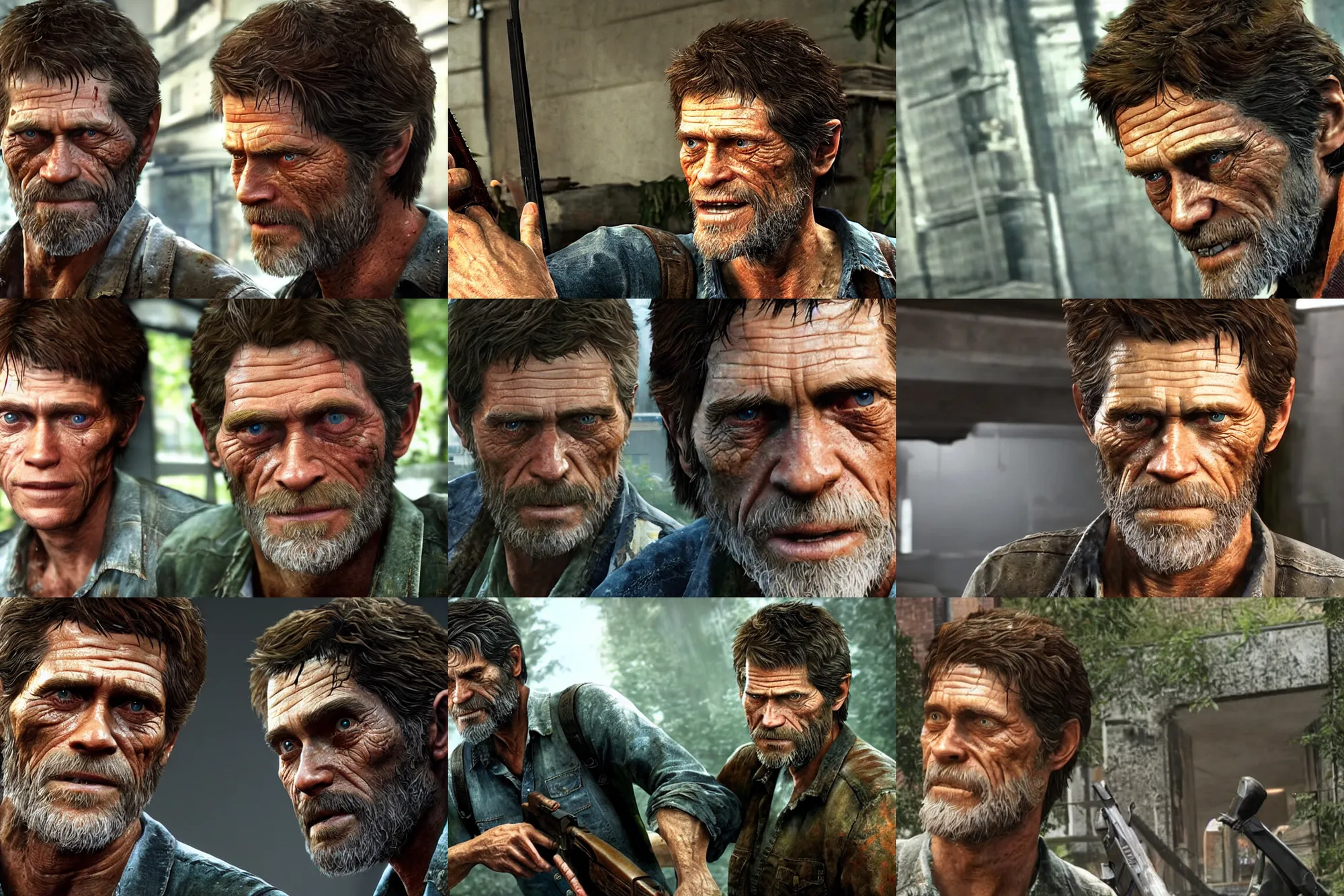 Prompt: a screenshot of willem dafoe in the video game the last of us. 3 d rendering. unreal engine. amazing likeness. very detailed. cartoon caricature.