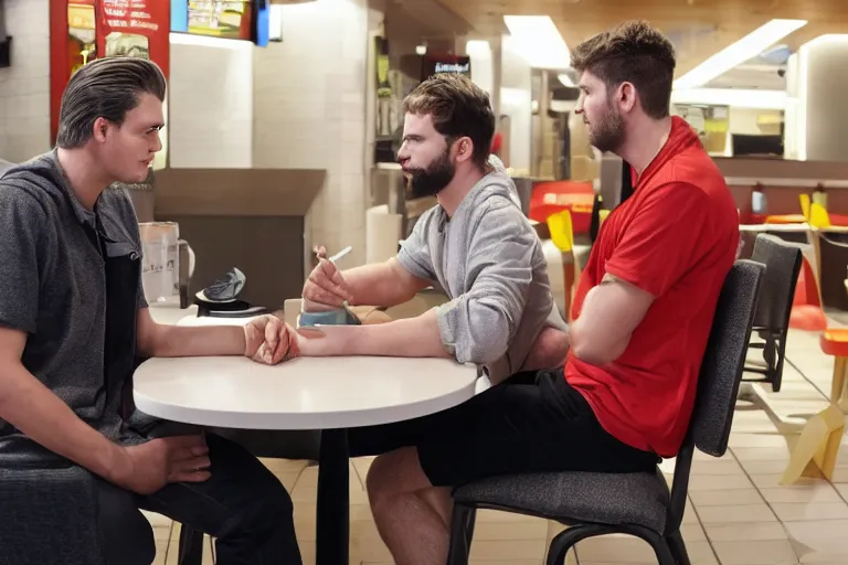 Prompt: Odin and Zeus having a meeting in McDonadls, both of them sitting while waiting and Loki in the background working in the kitchen