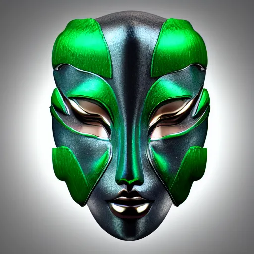 Image similar to futuristic cybernetic geisha mask made of malachite, studio lighting, cinema 4 d, trending on artstation
