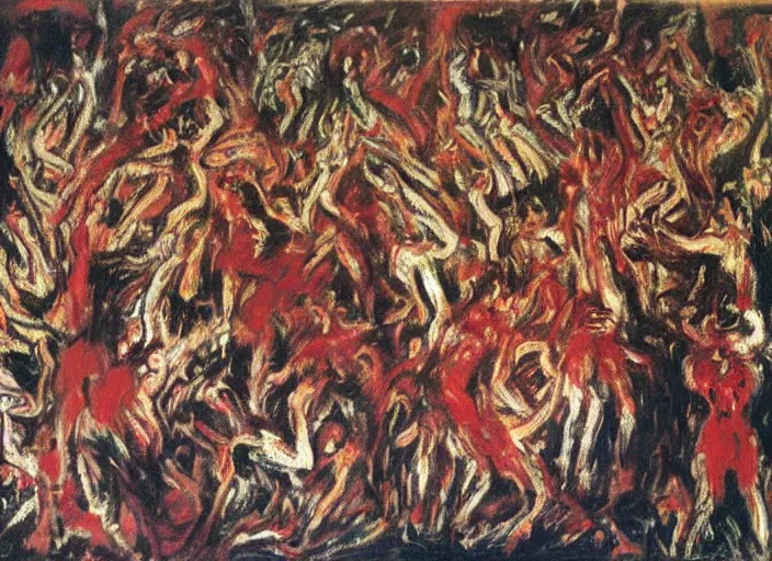 Image similar to mosh pit full of demons and beautiful women in hell ’ s nightclub, sfumato abstract oil on canvas, by rothko, by jackson pollock, by monet
