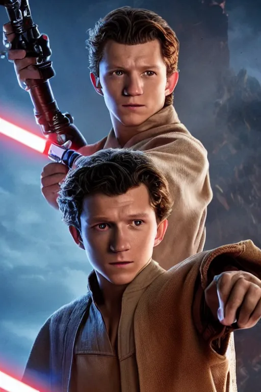 Image similar to tom holland as a jedi in a new star wars film, 3 5 mm photography, highly detailed, cinematic lighting, standing pose, holding lightsaber 4 k