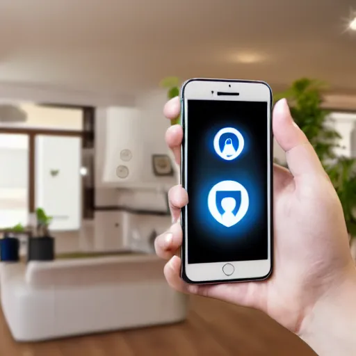 Image similar to inside of a smart home with human holding an iphone realistic detailed photo