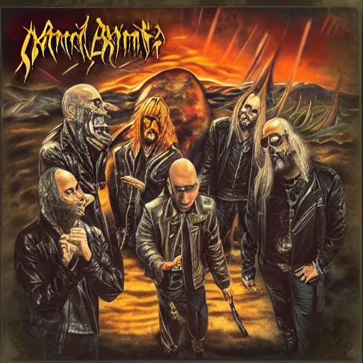 Prompt: photorealistic album art for a speed metal band, bald lead singer with leader jacket, guitarist who smokes too many cigarettes, keyboard player with a normal, bassist is pretty normal dude, metal album art, fantasy matter painting background
