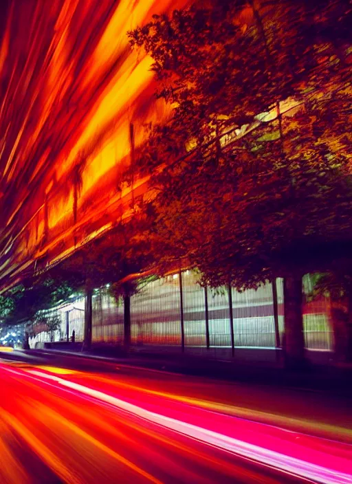 Prompt: Neon night, red lights of the car motion blur, oak alley