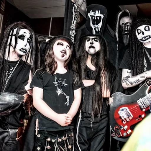 Image similar to black metal band playing at a children's birthday party, goths, punkrockers