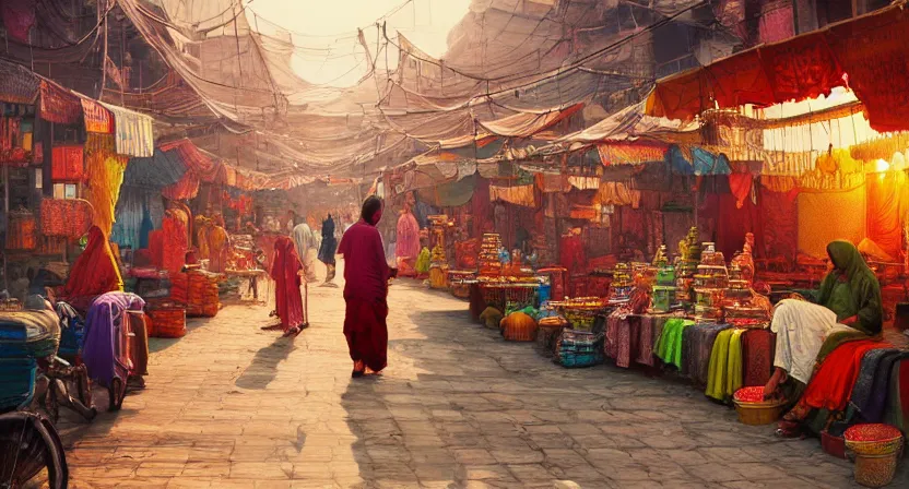 Image similar to bazaar in delhi. art by salman toor. global illumination, radiant light, detailed and intricate environment, atmospheric light, cinematic, trending on artstation