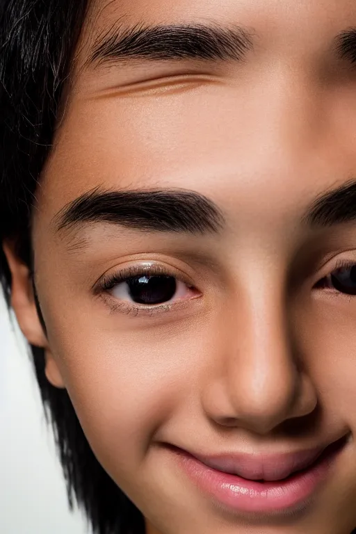 Image similar to close up headshot of an androgynous Hispanic teen with medium length slightly wavy black hair a wide smile brown eyes a small nose tidy plucked eyebrows dark brown eyes and a diamond shaped face, high resolution film still, 8k, HDR color, gazing dark brown eyes, high cheek bones, trimmed eyebrows