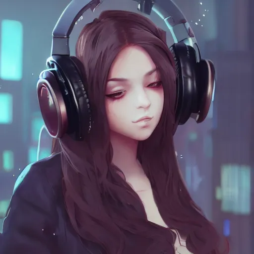 Image similar to beautiful full portrait of a girl, brunette curvy long hair, full - body shot, wearing cyberpunk headphones, streetwear, like a fashion model + high detailed, resolution beautifully detailed landscape 8 k, cinematic, 8 k, by bukurote + krenz cushart + ryota - h + wlop