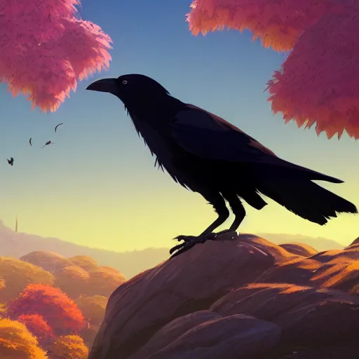 Image similar to a wholesome animation key shot of a crow on a hill, simetrical medium shot, studio ghibli, pixar and disney animation, sharp, rendered in unreal engine 5, anime key art by greg rutkowski, bloom, dramatic lighting