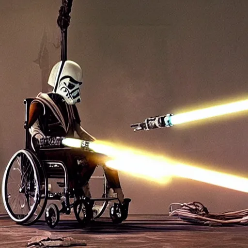 Image similar to General Grievous in a wheelchair with 4 lightsabers, photo from star wars the prequel,