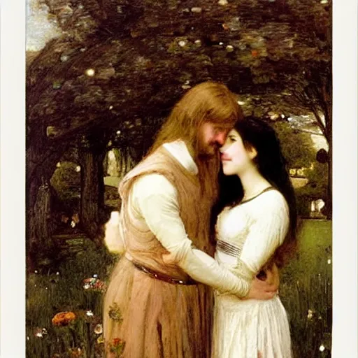 Image similar to black haired woman and man with long blond hair and smiling, john william waterhouse, soft lighting, romantic, love