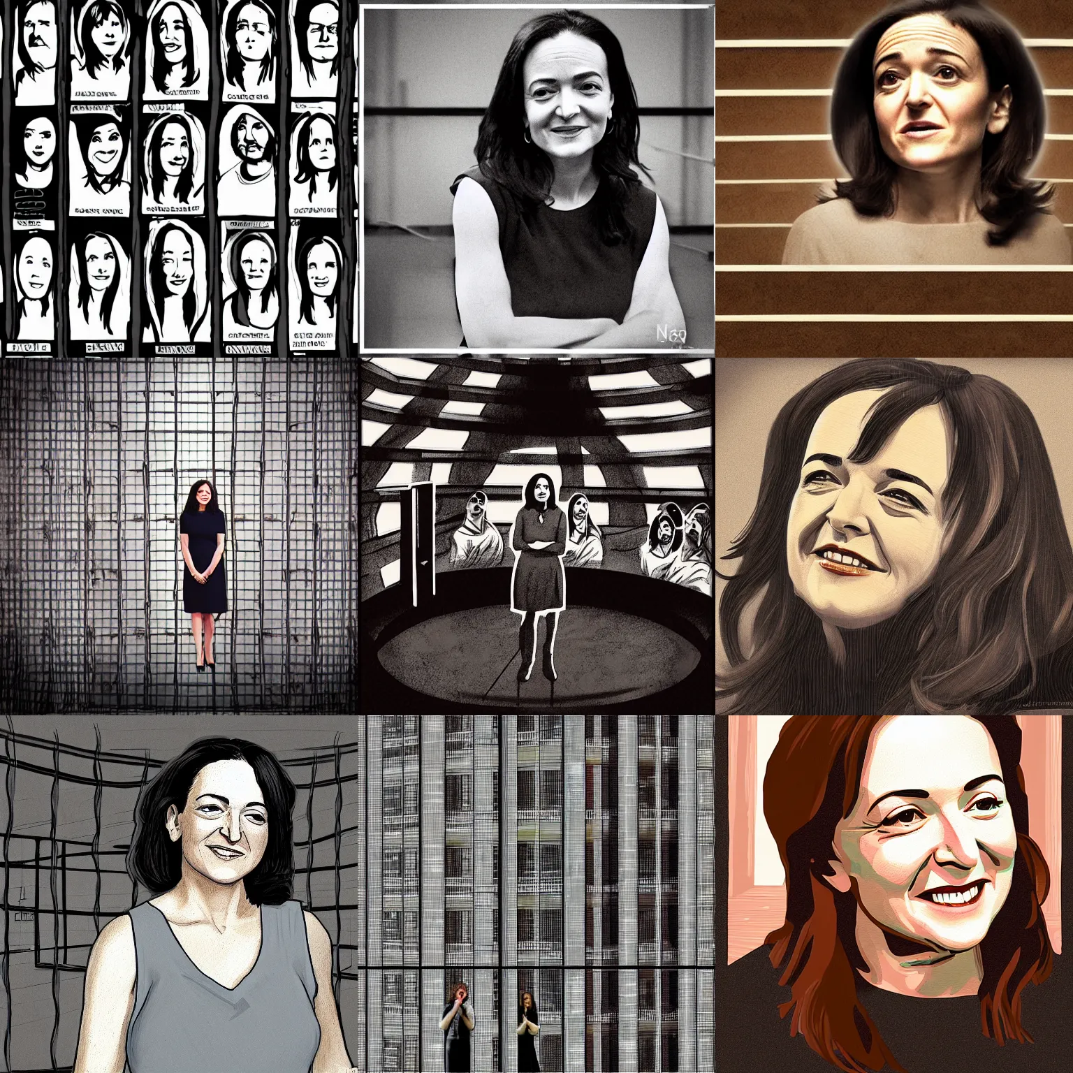 Image similar to Sheryl Sandberg watching over prisoners in The Panopticon, digital art