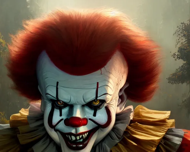 Image similar to highly detailed portrait of pennywise the dancing clown, in gta v, stephen bliss, unreal engine, fantasy art by greg rutkowski, loish, rhads, ferdinand knab, makoto shinkai and lois van baarle, ilya kuvshinov, rossdraws, tom bagshaw, global illumination, radiant light, detailed and intricate environment