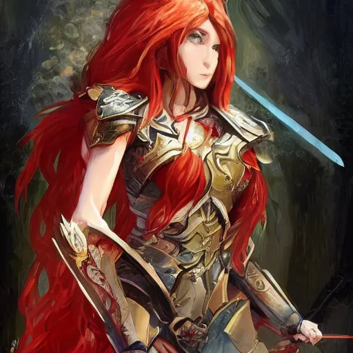 Image similar to a female elven cleric with red long hair, very good beautiful heavy scale armor, wearing a cape, casting a fire spell, dungeon background, magical, bright, colorful, fantastic lighting, amazing details, 4 k uhd, illustration by stephanie brown and mingchen shen and ilya kuvshinov, artstation, pixiv, concept art,