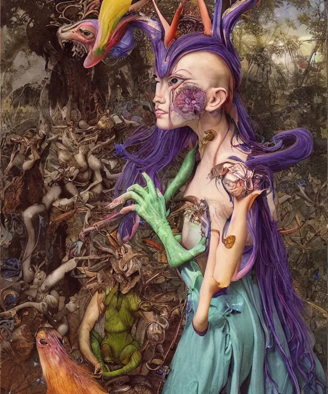 Prompt: a portrait photograph of a meditating fierce colorful harpy antilope super villian girl with slimy amphibian scaled blue skin. she is wearing a living organic dress. by donato giancola, hans holbein, walton ford, gaston bussiere, peter mohrbacher and brian froud. 8 k, cgsociety, fashion editorial