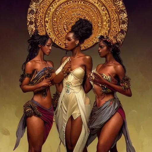 Prompt: three!! beautiful Zulu goddesses, intricate, elegant, highly detailed, digital painting, artstation, concept art, smooth, sharp, focus, illustration, art by artgerm and greg rutkowski and alphonse mucha