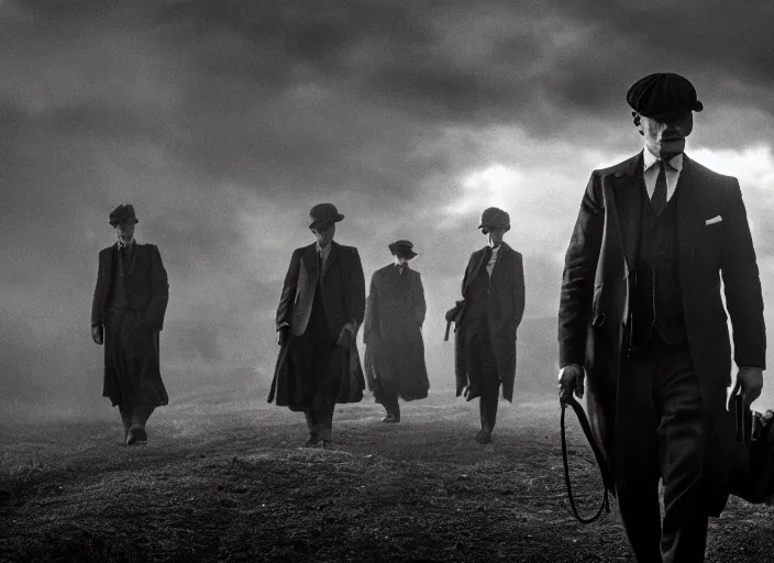 Image similar to a scene from peaky blinders, medium long shot, a cabin in the background, faces covered in shadows, black and white, cinematic, epic, arty,