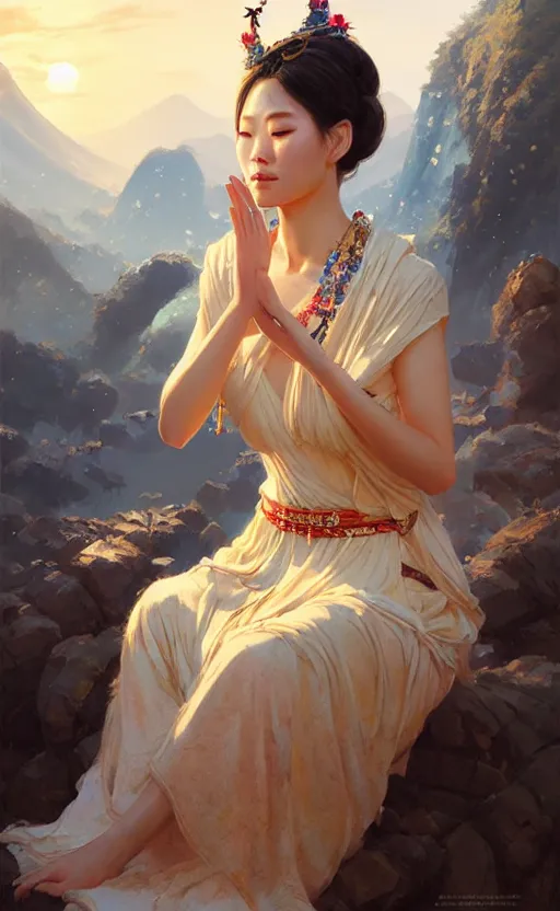 Image similar to a beautiful taiwan goddess with sundress with jewelry | | winter, realistic shaded, unpleasant face, good looking, fine details, realistic shaded lighting poster by greg rutkowski, magali villeneuve, artgerm, jeremy lipkin and michael garmash and macoto takahashi