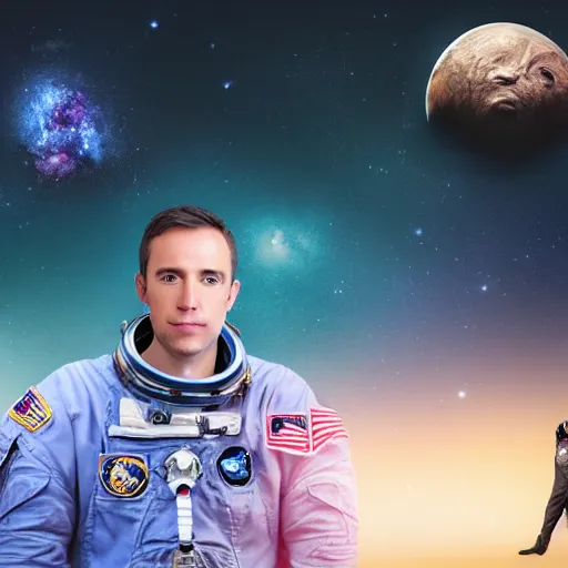 Image similar to double exposure portrait split in the middle, showcasing one astronaut and one chimpanzee in a suit posing with space in the background, pencil art, high definition, dynamic lighting stars, sharpness, golden ratio