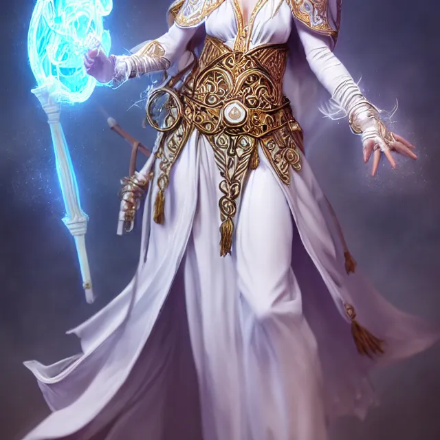 Prompt: beautiful elemental air witch with ornate white robes and staff, highly detailed, 4 k, hdr, smooth, sharp focus, high resolution, award - winning photo, artgerm, photorealistic