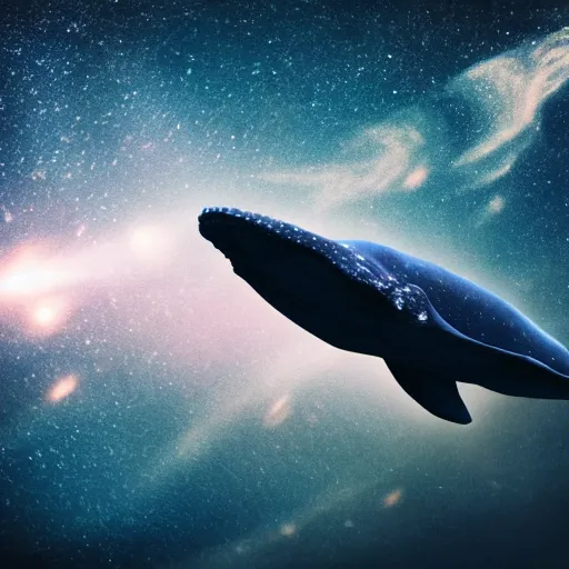 Image similar to close up portrait of space whale on a dark night sky in space, flying across the universe, oniric, dreamy, beautiful, highly detailed, realistic, cinematic, dynamic composition