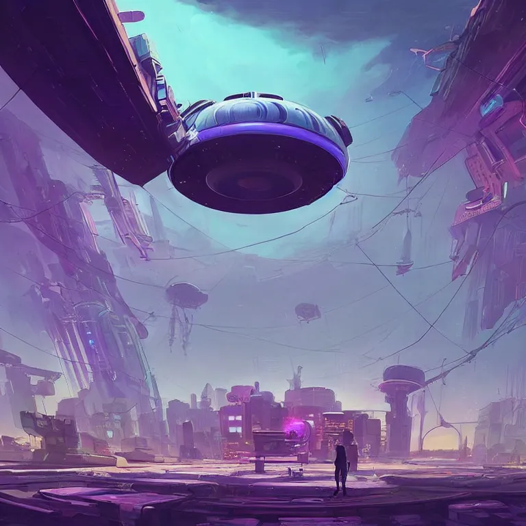 Prompt: a circle!! portal structure floating in space!!, cyberpunk, epic surrealism, indigo, purple, cyan, detailed digital matte painting in the style of simon stalenhag and painting by ralph mcquarrie