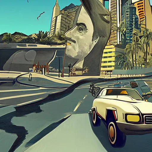 Image similar to grand theft auto ( gta ) landscape in the style of dali, trending on artstation