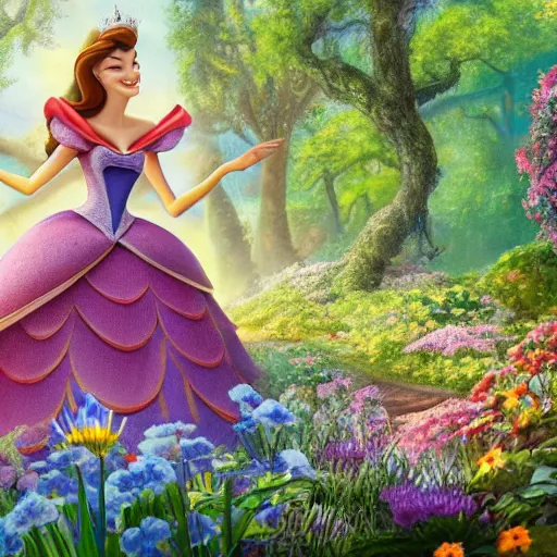 Image similar to a disney cartoon illustration of miranda kerr as sleeping beauty, dynamic lighting, 4 k hdr, hyper realistic, pretty face, in a forest flower garden, smiling