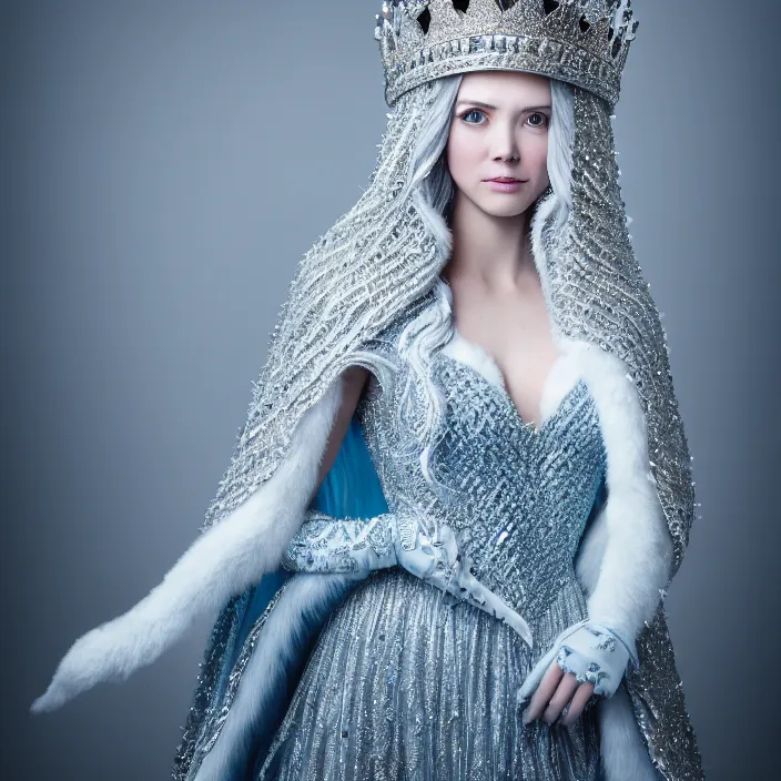 Image similar to full length portrait photograph of a real-life beautifulice queen with intricate cloak and crown, Extremely detailed. 8k