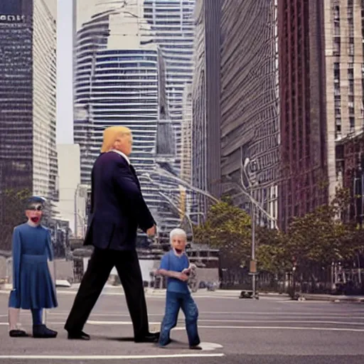 Prompt: Giant Donald Trump walking in city with small people photorealistic 4k detailed