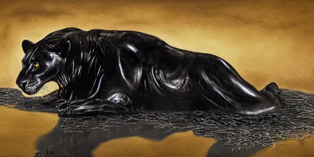 Prompt: a black lioness, made of smooth black goo, bathing inside the lake of black goo, viscous, sticky, full of tar, covered with black goo. painting, concept art, realism, animal drawing, color, savanna, wildlife photography, black goo