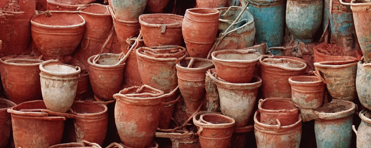 Image similar to spaghetti inside ancient terra cotta pots, middle east, fine detail, canon 5 0 mm, in the style wes anderson, kodachrome, retro