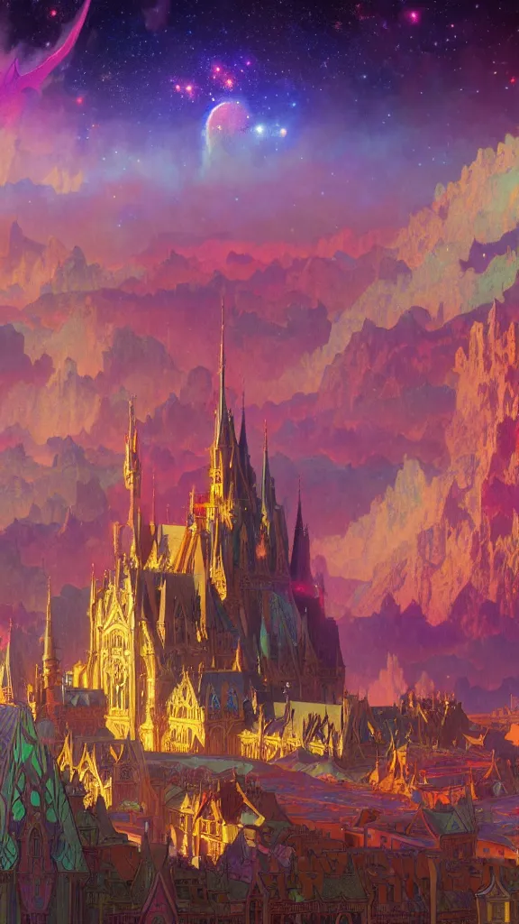 Prompt: a beautiful highly detailed matte painting of colorful castle nebulas by moebius, alphonse mucha, stars in the background, highly detailed, intricate design, cinematic view, 8 k resolution, octane render, trending on artstation and cgsociety