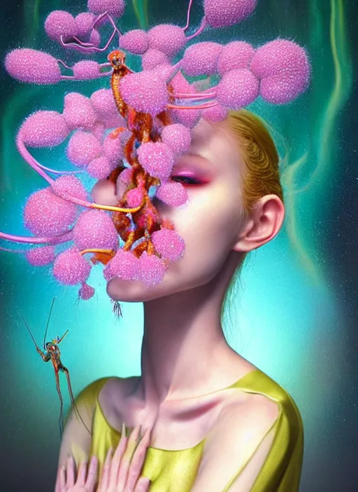 Image similar to hyper detailed 3d render like a Oil painting - kawaii lithe portrait Aurora (gold haired Singer Praying Mantis) seen Eating of the Strangling network of yellowcake aerochrome and milky Fruit and Her delicate Hands hold of gossamer polyp blossoms bring iridescent fungal flowers whose spores black the foolish stars by Jacek Yerka, Mariusz Lewandowski, Houdini algorithmic generative render, Abstract brush strokes, Masterpiece, Edward Hopper and James Gilleard, Zdzislaw Beksinski, Mark Ryden, Wolfgang Lettl, hints of Yayoi Kasuma, octane render, 8k