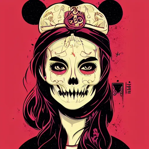 Image similar to portrait skull girl disney by petros afshar, tom whalen, mucha, laurie greasley, war face by greg rutkowski