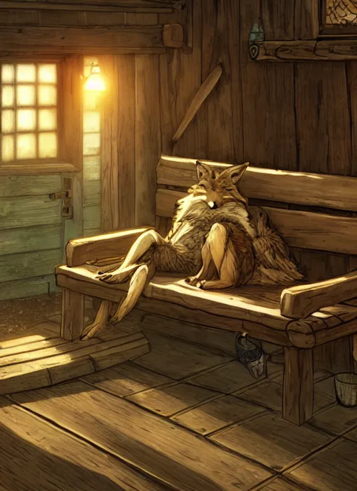 Prompt: cute coyote sleeping on a bench in a cozy tavern, hidari, color page, tankoban, 4K, tone mapping, Akihiko Yoshida.