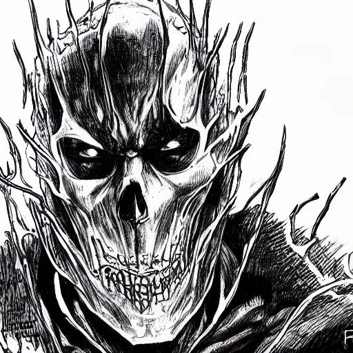 Image similar to Nikolas Cage as a Ghost Rider by Kentaro Miura, highly detailed, black and white