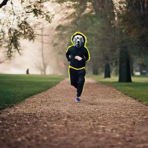 Prompt: photo of a dog - headed man in a jogging suit running in a park