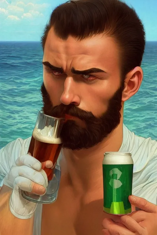 Image similar to gigachad bodybuilder luigi drinking beer can at the ocean summertime by ilya kuvshinov, ernest khalimov body, super mario bros symmetrical face concept art, hyper realistic, intricate, elegent, highly detailed, digital painting, concept art, smooth, sharp, focus, illustration, art by artgerm and greg rutkowski and alphonse mucha, artstation