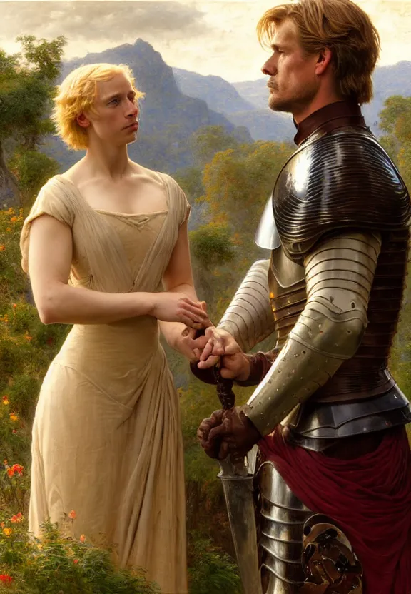 Prompt: attractive handsome fully clothed jaime lannister confesses his love for attractive fully armored brienne of tarth. centered composition. arthurian mountain and forest background. highly detailed painting by gaston bussiere and j. c. leyendecker and william adolphe bouguereau and fra angelico and octane render, musee d'orsay 8 k