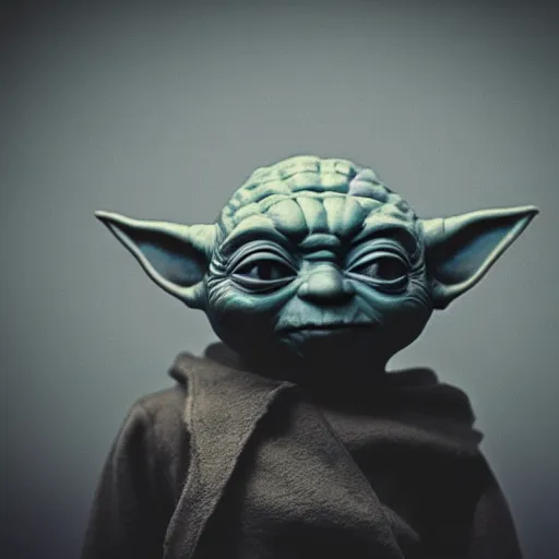 Prompt: depressed Yoda in a dark room, movie still, photography, DSLR 35mm, low light photography, sadness