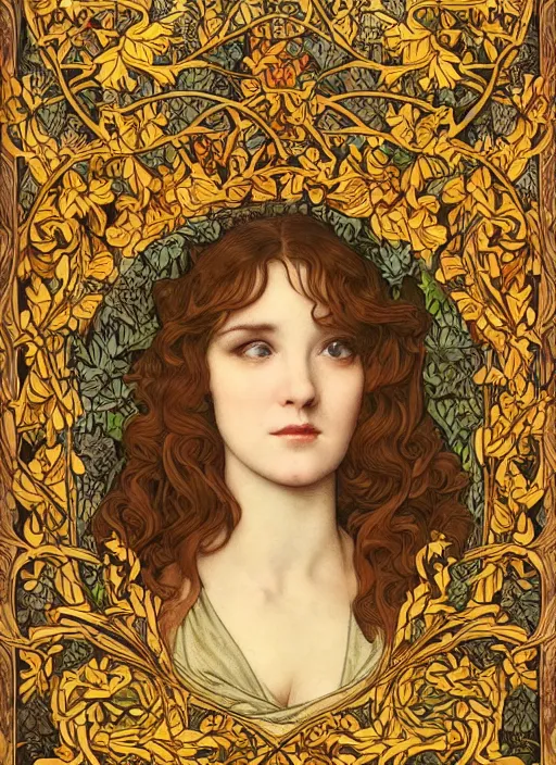 Image similar to masterpiece beautiful seductive flowing curves pinup pose preraphaelite face portrait photography, extreme close up shot, straight bangs, thick set features, yellow ochre ornate medieval dress, amongst foliage mushroom forest circle arch, william morris and kilian eng and mucha, framed, 4 k