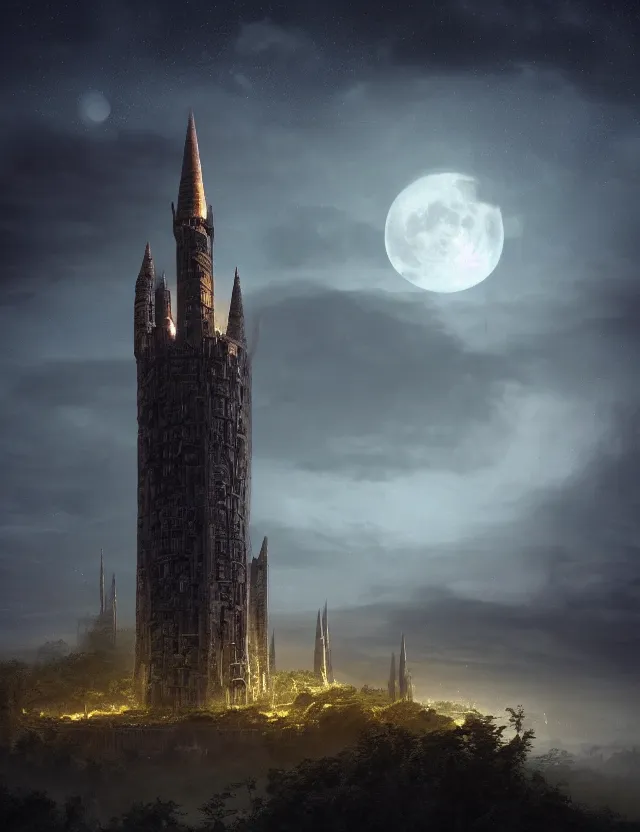 Prompt: A hyper realistic matte painting of a massive wizard\'s tower silhouetted against a huge moon. The tower has glowing engraved runes and dark windows an ominous sky an eerie jungle at twilight by michael whelan, keith parkinson, James Gurney and Gregory Crewdson. Subject in view, golden ratio composition, moody volumetric lighting, very wide shot, f11:10, trending on artstation and cgsociety