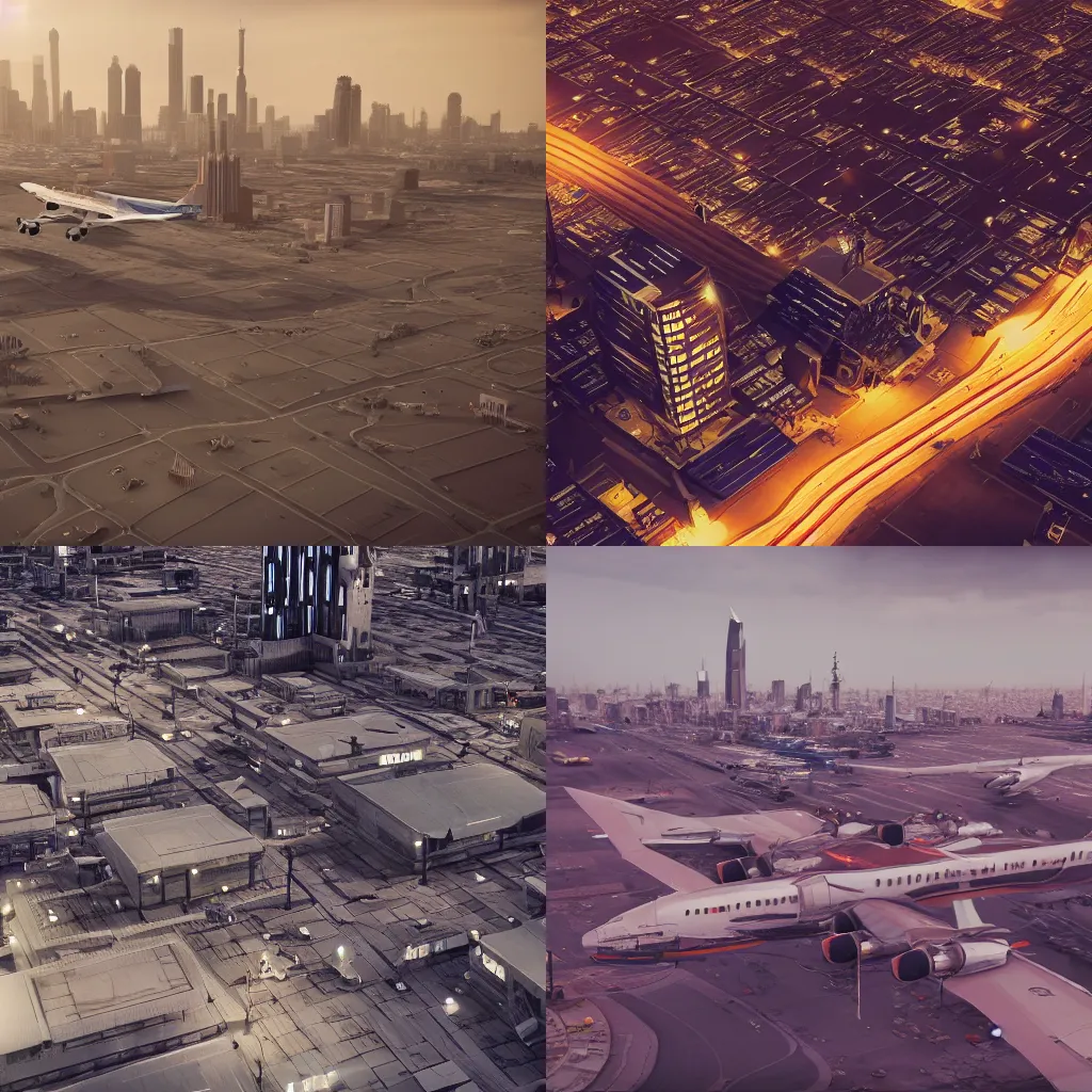 Prompt: photo of a lively city on a grey desert planet, aircraft, lots of people, extreme details, soft lighting, realistic octane render, 8k