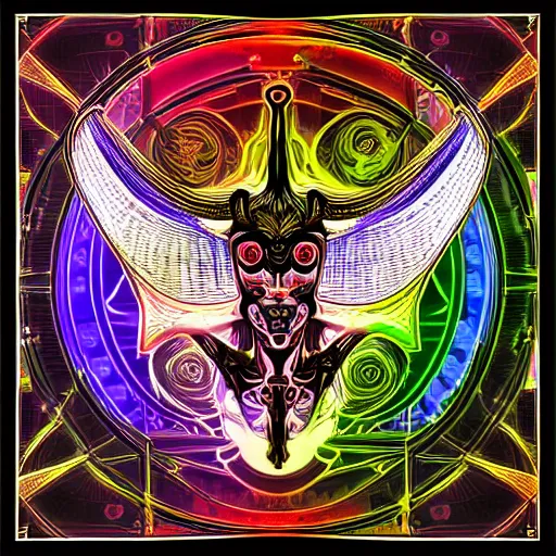 Image similar to biomechanical baphomet sigil merged with mainframe circuitry, multicolored digital art