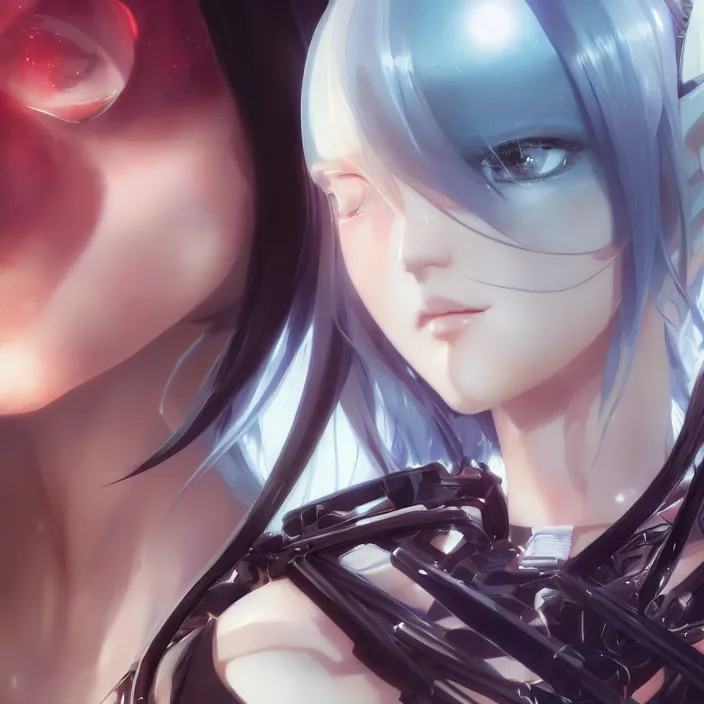 Image similar to symmetrical beautiful anime cyborg girl - by tom bagshaw, by ilya kuvshinov, rtx rendering, octane render 1 2 8 k, maya, extreme high intricate details by wlop, digital anime art by ross tran, medium shot, close up shot, composition by sana takeda, dramatic lighting by greg rutkowski, 8 k, trending on artstation